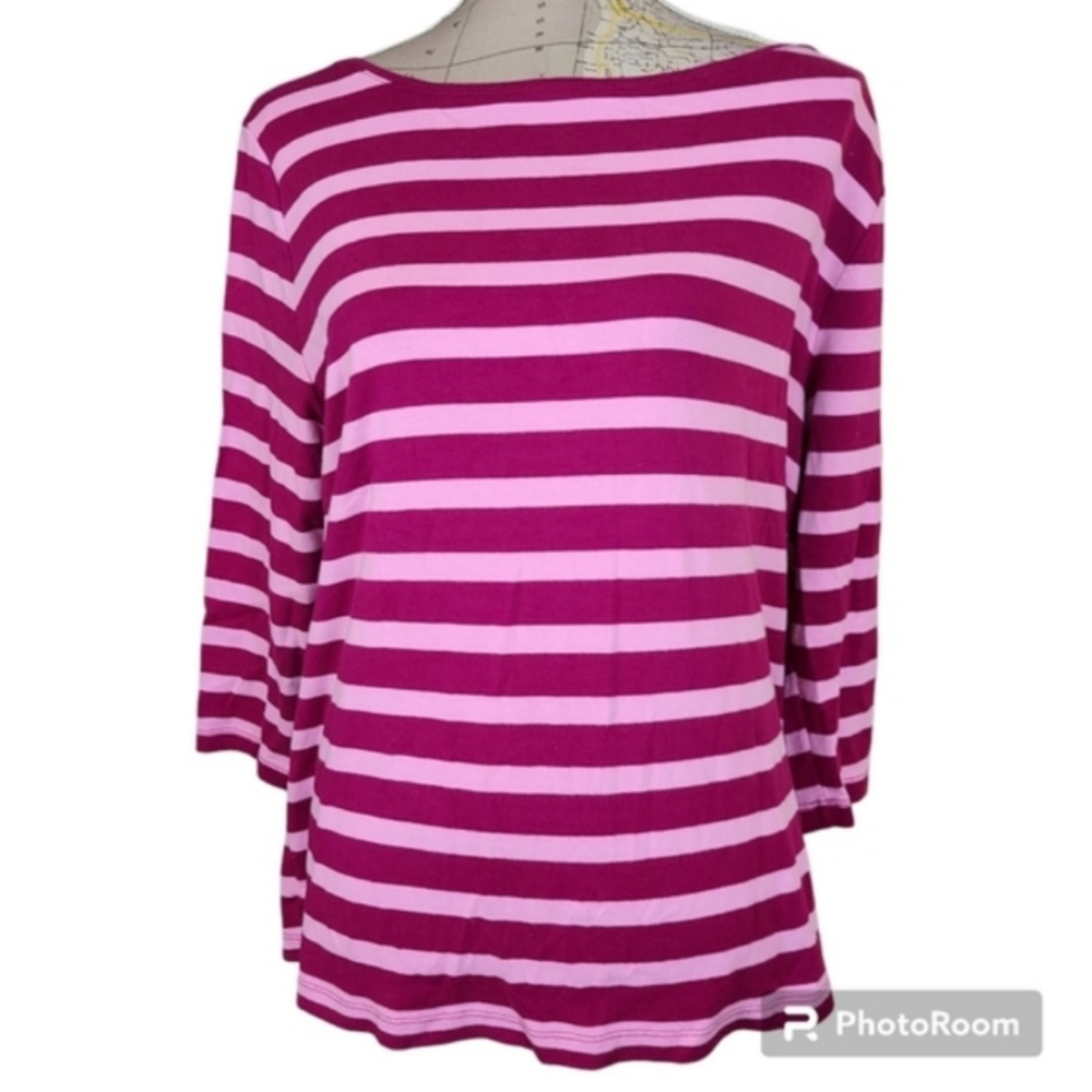 Talbots Size 2X Casual Pink Stripe Nautical Boatneck Cotton Blouse Coastal Chic - Picture 9 of 10